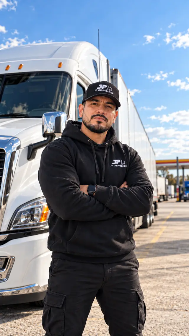 Owner-operator de pie junto a su camión en un truck stop